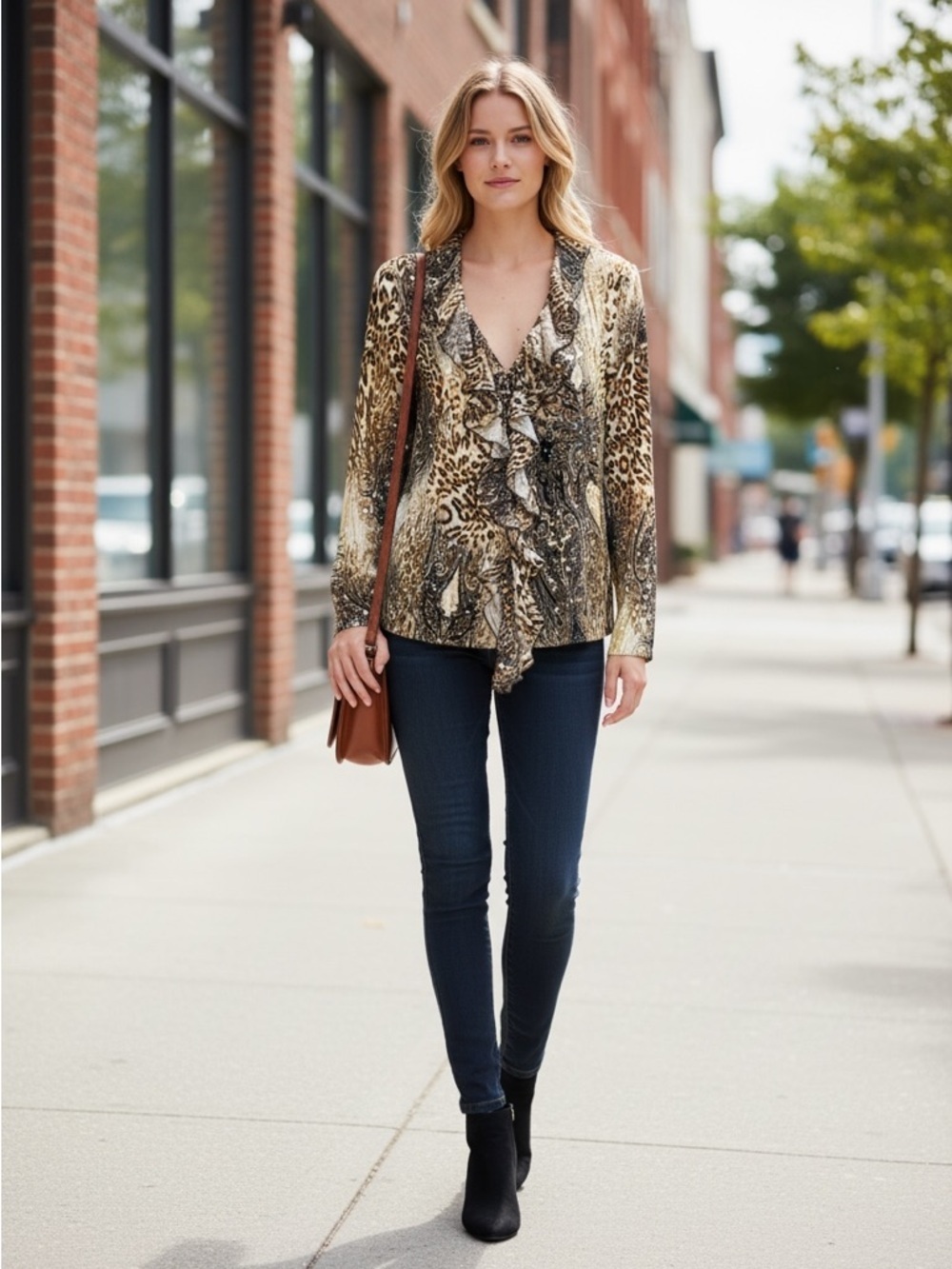 Clara Sun Woo Animal Print Ruffle Zip Front Blouse Size Z